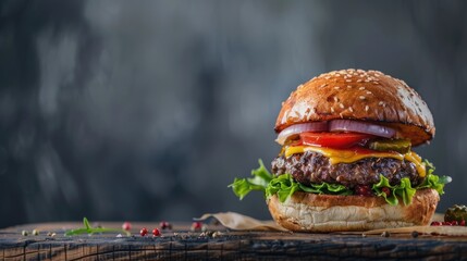 Close-up home made beef burger on wooden table