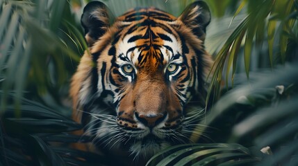 Wall Mural - Majestic Tiger Prowling Through Lush Jungle Piercing Eyes and Powerful Build