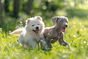 Two Playful Dog Puppies in a Lush Green Meadow