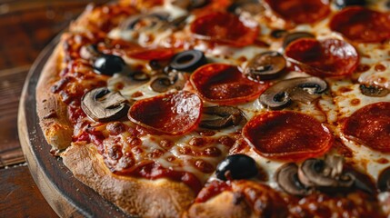 Wall Mural - Tasty pepperoni pizza with mushrooms and olives