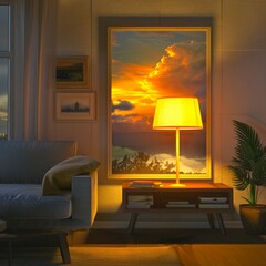 Poster - Cozy living room interior with a sunset view through a framed picture window. Warm ambient lighting from a table lamp. Modern stylish decor with a touch of nature. 