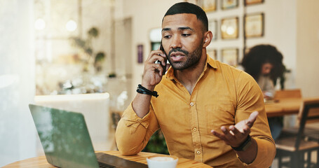 Canvas Print - Man, cafe and conversation on phone call with laptop for remote work as business consultant for communication. Entrepreneur, freelancer and discussion for networking with research at restaurant