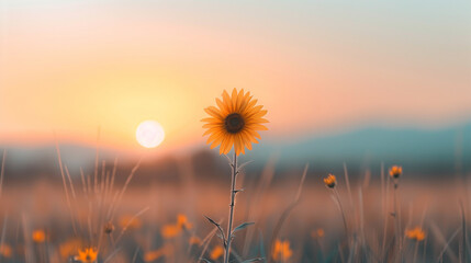 Wall Mural - A sunflower is standing in a field of yellow grass