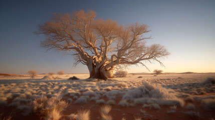 Wall Mural - A large tree stands in a field of dry grass