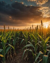 Canvas Print - cornfield under the sunset sky backgroundvertical background vertical shot