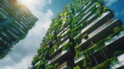 Wall Mural - Modern skyscraper covered in lush greenery, showcasing a harmonious blend of nature and urban living. sustainable emphasizes environmental consciousness beauty gardens.