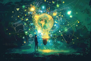 Wall Mural - a person stands before a bright, shining light bulb
