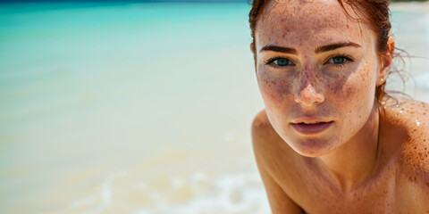 Close-up of a woman with wet skin and freckles on a tropical beach, with turquoise ocean waves and white sand in the background