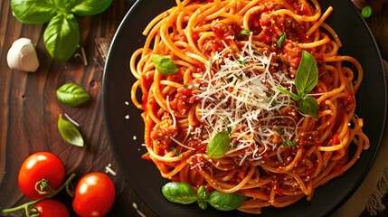 Wall Mural - Delicious spaghetti served on a black plate