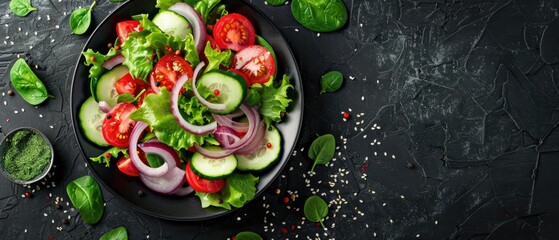 Wall Mural - Healthy vegetable salad of fresh tomato, cucumber, onion, spinach, lettuce and sesame on plate. Diet menu. Top view