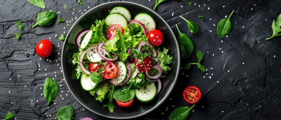 Wall Mural - Healthy vegetable salad of fresh tomato, cucumber, onion, spinach, lettuce and sesame on plate. Diet menu. Top view