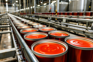 Production line of a plant for the production of ketchup and tomato paste. Industrial background