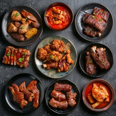 Wall Mural - Well Roasted Organ Meats Set or BBQ Offal Collection with Red Spicy Sauces as Beer Snacks Top View