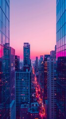 Poster - Majestic Skyscrapers Illuminated at Dawn with Pastel Sky in Vibrant Cityscape