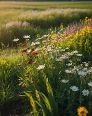 Wall Mural - green field with blooming flowers backgroundvertical background vertical shot