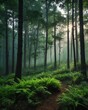 © sevenSkies - green mist in forest morning backgroundvertical background vertical shot