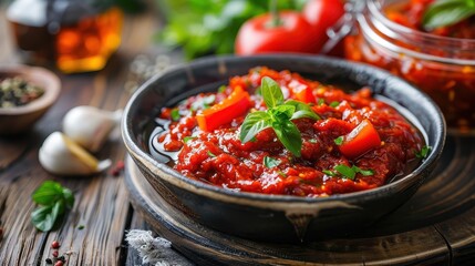 Wall Mural - Delicious Homemade Tomato Sauce with Fresh Herbs on Rustic Wooden Table Setting