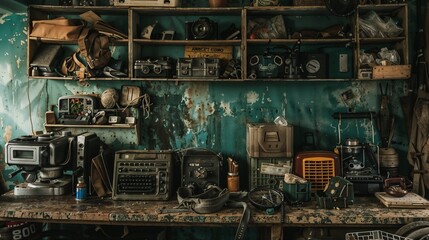 Cluttered workshop or basement with vintage objects like radios and electronics on shelves. Peeling teal walls. Antique gear and gadgets. Nostalgic tech collector's haven.