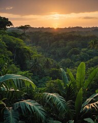 Wall Mural - jungle with dense foliage sunset backgroundvertical background vertical shot