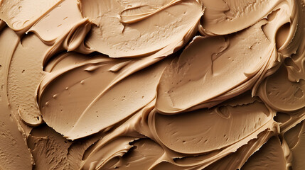 A close-up image of the smooth, swirled texture of a creamy brown makeup foundation.