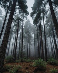 Poster - pine forest in thick fog background vertical shot backgroundvertical background vertical shot