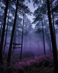 Poster - purple mist in forest night backgroundvertical background vertical shot