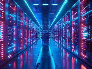 Canvas Print - Endless Rows of Servers in a Futuristic Data Center Bathed in Captivating Blue Glow