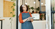 © PeakPoints/peopleimages.com - Small business, woman thinking and tablet in cafe, happy employee and online inventory or website order. Hospitality, coffee shop and doorway for idea for customer service, waitress and restaurant