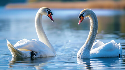 Two beautiful white swans swimming on a lake, captured in close-up in their natural habitat.