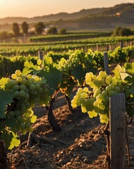 Poster - vineyard with green grapes sunset backgroundvertical background vertical shot