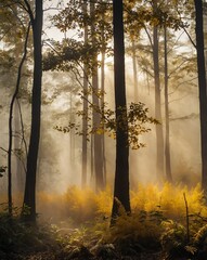 Poster - yellow mist in forest morning backgroundvertical background vertical shot