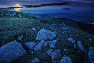 Wall Mural - white sharp boulders on the hillside at night. mysterious carpathian countryside scenery in full moo