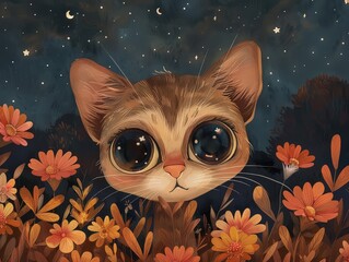  Cat with Big Eyes Gazing at the Starry Night from a Field of Flowers