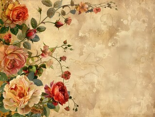 Vintage Floral Border on Weathered Paper Background