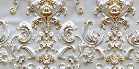 Poster - Seamless 3D elements of White and Golden luxury design Baroque Classical Relief Panel on Wall. Refined Gothic-inspired Stucco Molding With Floral Motifs. A Marble Carving in Late Ottoman Style.