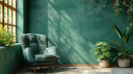 Wall Mural - Living room with green armchair on empty dark green wall