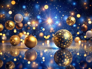 Wall Mural - Luxurious dark blue abstract background with golden particles, shimmering bokeh lights, and defocused bright gold orbs creating a dazzling festive atmosphere.