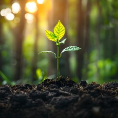 Sticker - Young Sapling Thriving in Verdant Forest Bathed in Morning Sunlight Representing New Beginnings