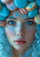 Wall Mural - A woman with blue hair and blue eyes is wearing a blue and pink pastry hat