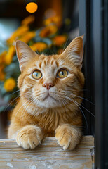 Wall Mural - A cat with yellow eyes is looking out of a window. The cat is orange and has a fluffy tail