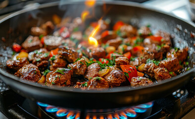 Wall Mural - A pan of meat is cooking on a stove with a lot of smoke coming from it. The meat is brown and looks delicious