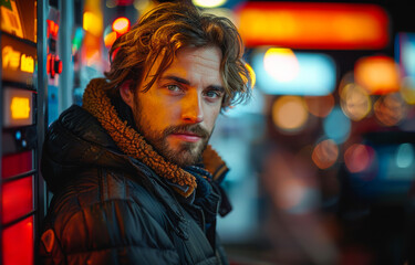 A man with a beard and a brown jacket is standing in front of a red sign