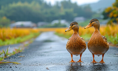 Wall Mural - Two ducks standing on a wet road. The ducks seem to be enjoying the rain and the quietness of the road