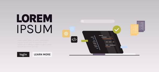 Developing new software on laptop and freelance developer programming, coding, development process concept flat vector illustration.	
