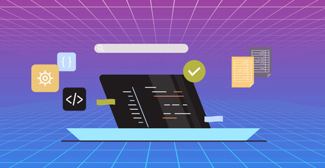 Developing new software on laptop and freelance developer programming, coding, development process concept flat vector illustration.	
