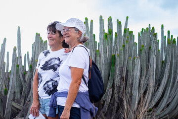 Sticker - Cheerful couple of senior female friends enjoying healthy lifestyle walking outdoor along in a tropical landscape in Tenerife island