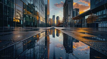 Canvas Print - A small puddle of water on a busy city street, great for use in urban-themed designs and illustrations