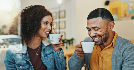 Wall Mural - People, couple and bonding for coffee date in cafe for romance, love and support with care. Relationship, lovers and happy or smile at restaurant for fun, conversation and drinking tea on break