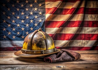 A rusty firefighter helmet sits proudly on a worn wooden table, next to a waving American flag, symbolizing bravery, patriotism, and national pride.