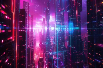 Sticker - A futuristic cityscape at night with neon lights and modern architecture